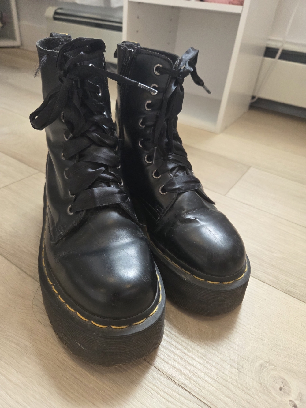 Dr. Martens Jaden Black Platform Lace-Up Combat Boots with Yellow Stitching